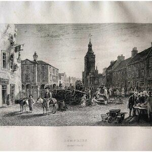 1844 Dumfries Market Place Engraving Victorian Scotland Merchants Wagons DWSS19